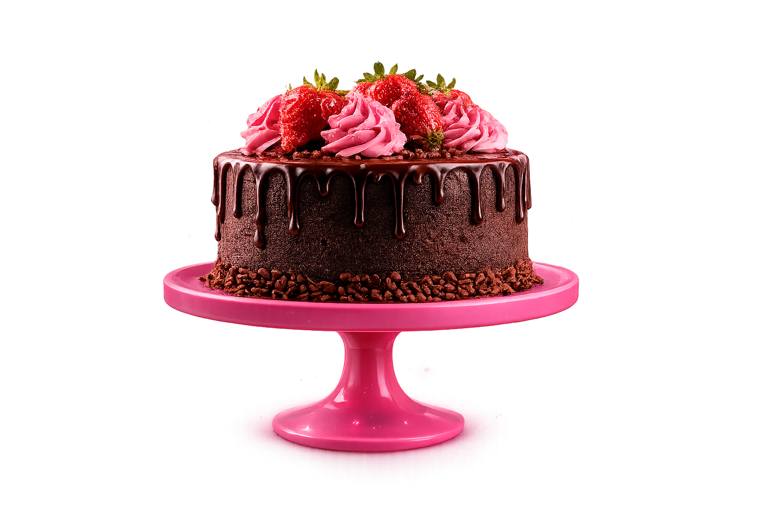Bolo premium de chocolate com morangos sobre pedestal rosa