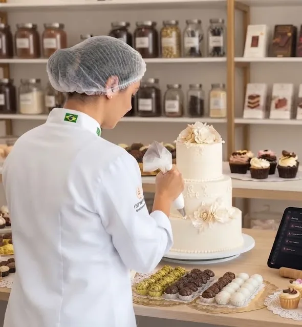 Confeiteira dando acabamento a um bolo de dois andares na bancada