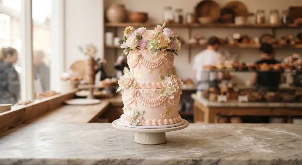Bolo de dois andares decorado com flores sobre um prato alto
