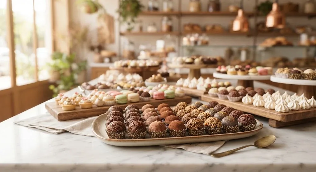 Bandejas de brigadeiros e docinhos montadas sobre a bancada